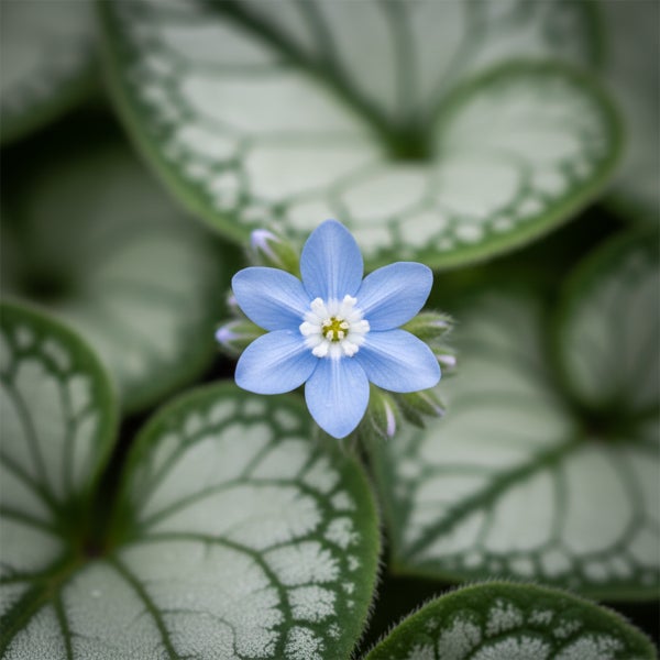 Nahaufnahme einer blauen Blüte des Kaukasus-Vergissmeinnicht Brunnera macrophylla vor herzförmigen Blättern mit silberner Musterung.