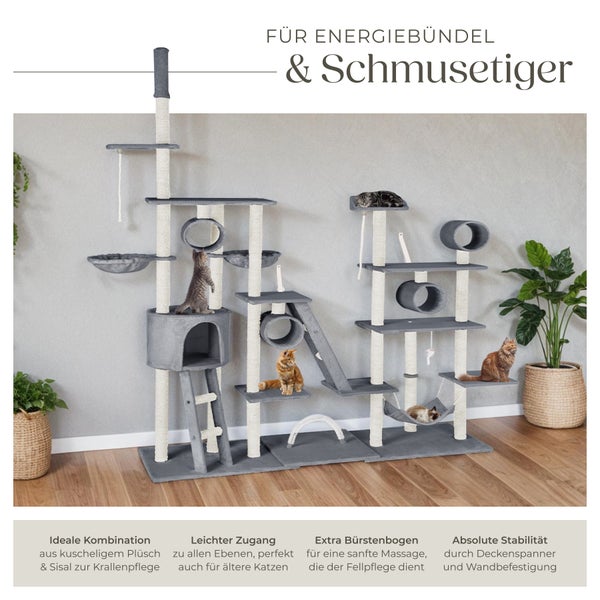 Kratzbaum tectake Snooky inklusive 2 Treppen, 2 Spielkordeln, Kratzbogen, Deckenspanner und Kippschutz 234 bis 261 cm grau