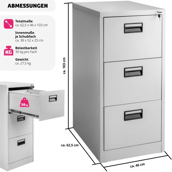 Aktenschrank tectake  62,4 x 46 x 102,8 cm aus pulverbeschichtetem Stahl grau