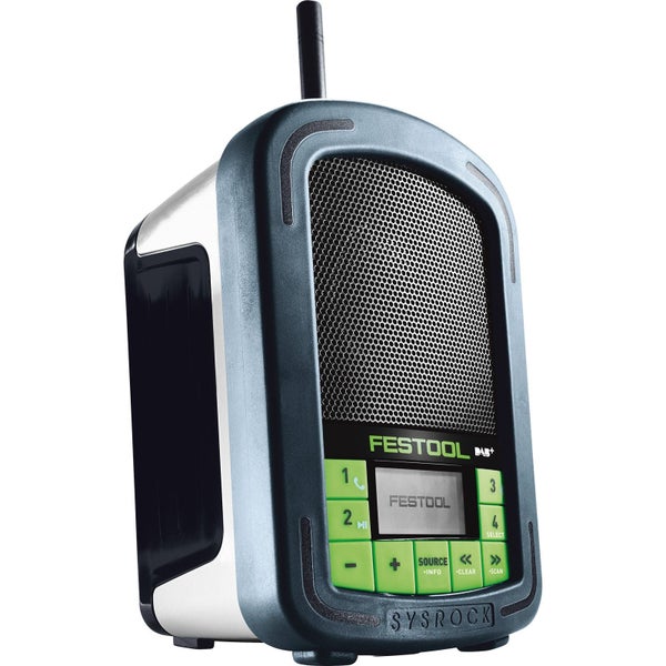 Festool Baustellenradio Sysrock mit Antenne, Lautsprechergitter und digitalem Display.