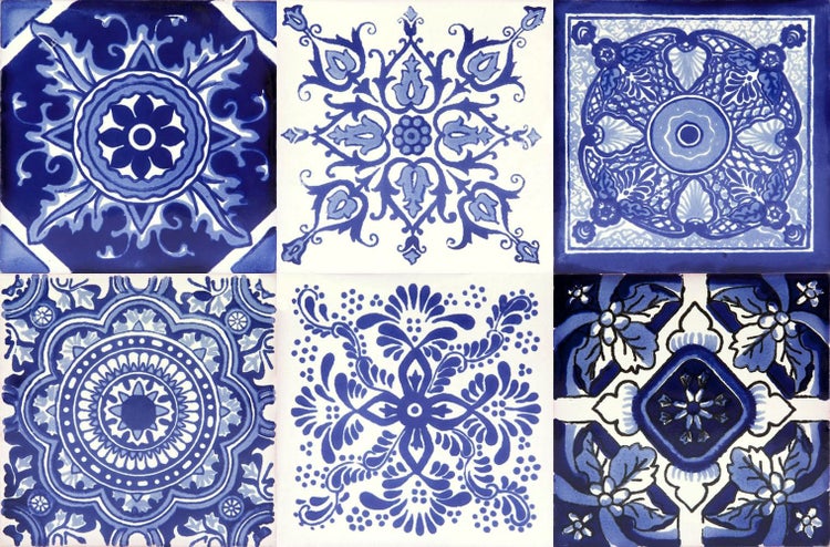 Keramikfliesen mit geometrischen und floralen Mustern