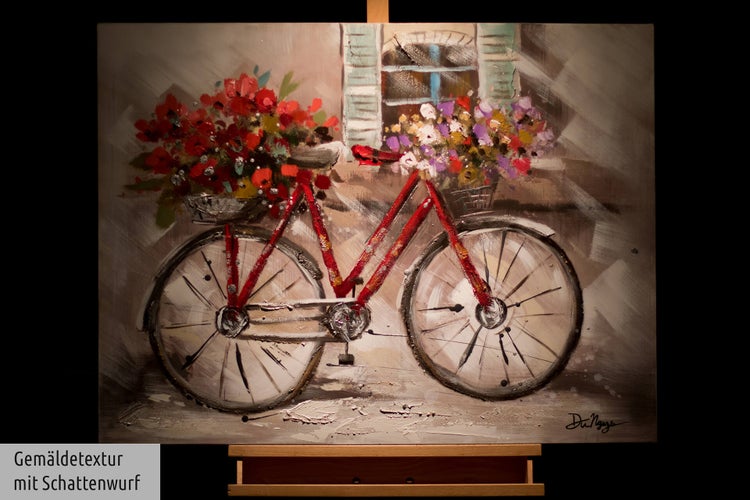 Gerahmtes Gemälde mit Fahrrad und Blumenmotiv im Wohnzimmer