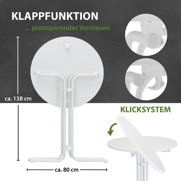 Klapptisch mit Klappfunktion, platzsparende Aufbewahrung und Klicksystem, zirka 138 Zentimeter hoch und 80 Zentimeter breit