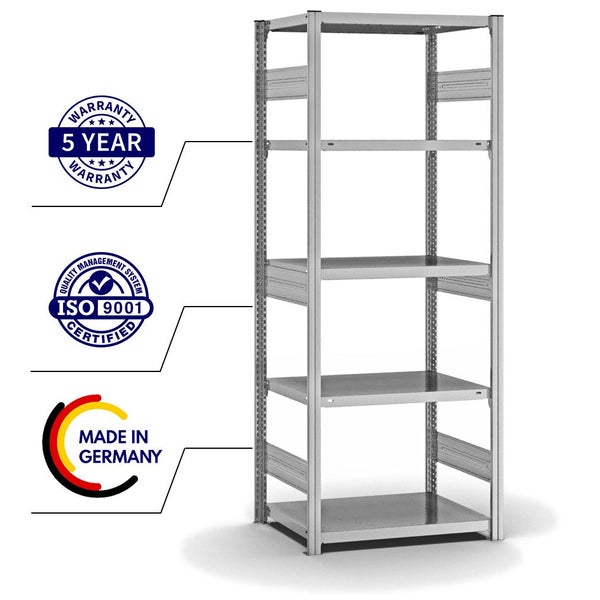 PROREGAL Fachbodenregal Stecksystem T-Profil Heavy-Duty Grundregal HxBxT 200 x 75 x 50 cm 5 Ebenen Fachlast 330 kg Beidseitig Nutzbar Verzinkt