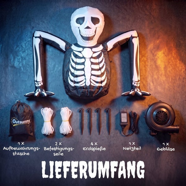 Outsunny aufblasbares Skelett für Halloween mit Zubehör bestehend aus Gebläse, Netzteil, vier Erdspießen, zwei Seilen und Aufbewahrungstasche.
