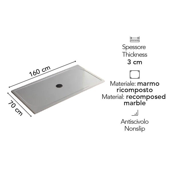 Duschwanne aus Gussmarmor, 160 mal 70 Zentimeter, Höhe 3 Zentimeter, rutschhemmend.
