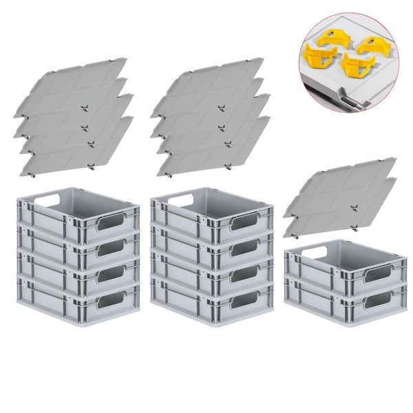 PROREGAL Spar Set 10x Eurobox Nextgen Economy Mit Auflagedeckel & 4x Schiebeschnappverschlüsse Gelb Griffe Offen HxBxT 12 x 30 x 40 cm 11 Liter