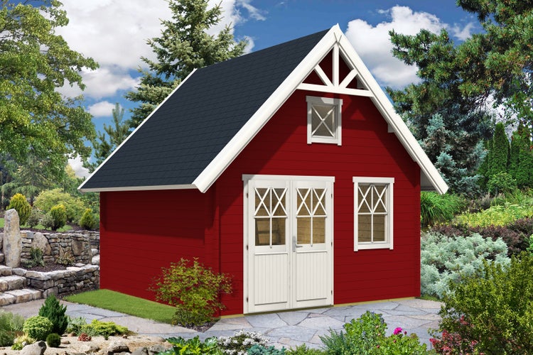 Rotes Gartenhaus mit Doppeltür und Satteldach im Garten