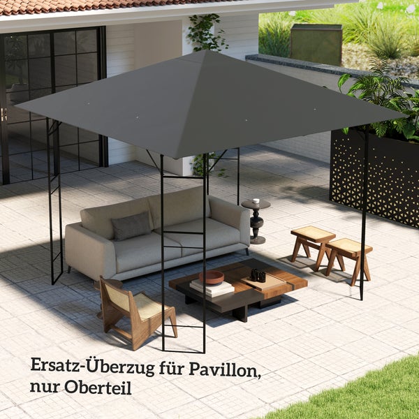 Dunkelgrauer Ersatz-Überzug für Pavillon-Oberteil über einer modernen Lounge-Ecke mit Sofa und Holztisch auf einer hellen Steinterrasse.