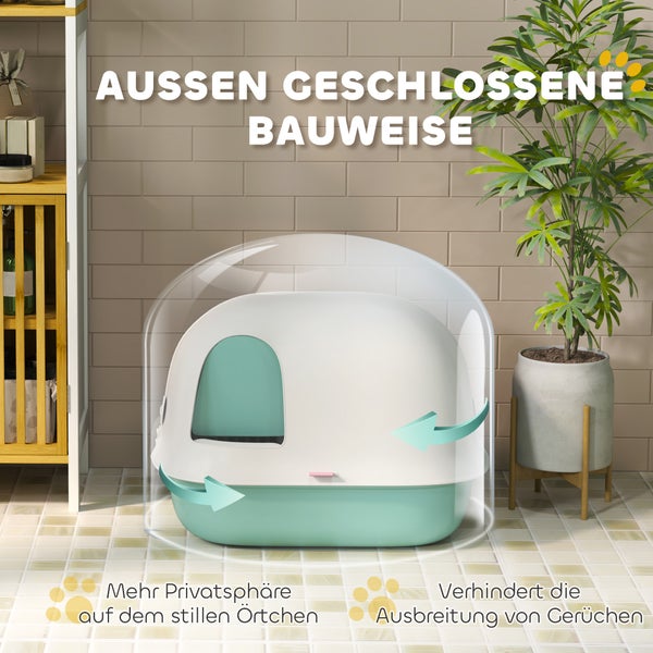 PawHut Katzentoilette mit Deckel, Katzenklo mit Sieb, Tür, Schaufel, geschlossen Katze Toilettenhaus für kleine Katze unter 3,5 kg, Indoor, Kunststoff, Grün