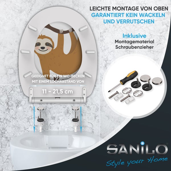 Toilettensitz mit Faultiermotiv von SANILO inklusive Montagematerial und Schraubendreher für eine einfache Montage von oben.