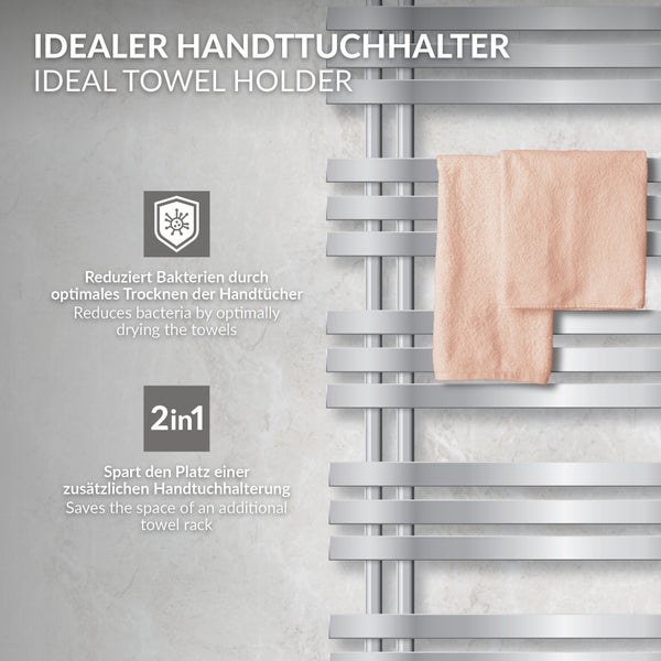 LuxeBath Badheizkörper Iron EM 500x1200 mm Chrom Mittelanschluss Anschlussgarnitur Thermostat Universal Eck- und Durchgangsform, Design Heizkörper Handtuchwärmer Handtuchtrockner Handtuchheizkörper