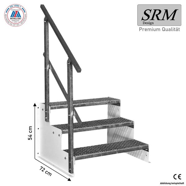 Stahltreppe, 3 Gitterroststufen, Geländer, Höhe 54 Zentimeter, Tiefe 72 Zentimeter, EN 1090-1 zertifiziert, CE-Kennzeichnung, SRM Design Logo.