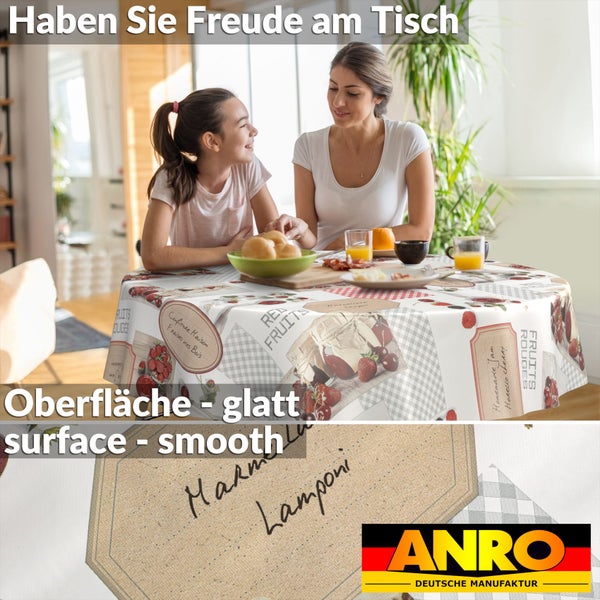 Runde Wachstuchtischdecke mit glatter Oberfläche, bedruckt mit Beeren-Motiven und Marmeladengläsern, ANRO Logo.
