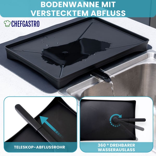 CHEFGASTRO Abtropfgestell Geschirr | HxBxT 15x42x31cm | Stahl | mit Besteckhalter, Tassenhalter, drehbarem Wasserablauf, Abtropfbrett & Trockenmatte, Geschirrabtropfgestell Abtropfständer