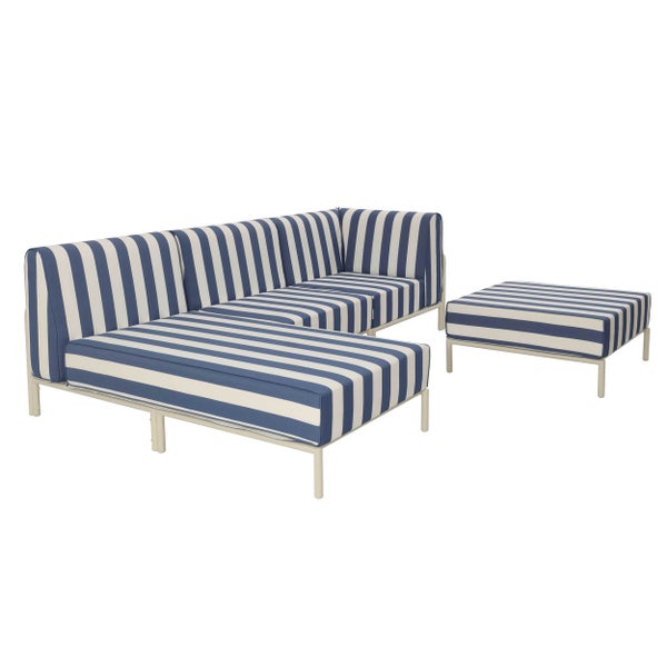 Moderne Garten-Lounge-Gruppe mit Ecksofa und Hocker in blau-weiß gestreiftem Design.