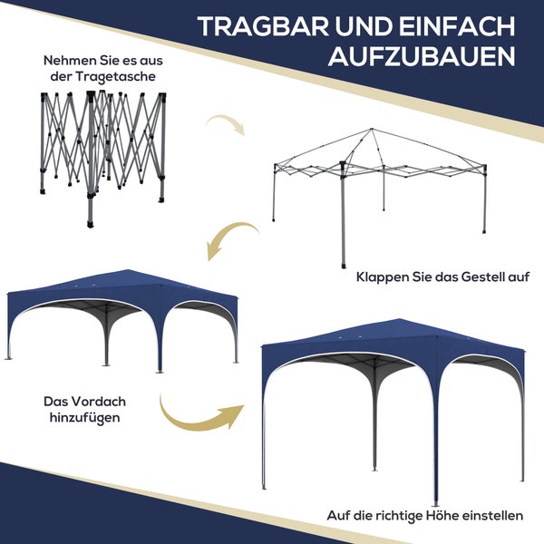 Outsunny Pavillon 2,95 x 2,95 cm Faltpavillon mit UV-Schutz, höhenverstellbares Pop Up Pavillon mit Tragetasche, Sandsack, Gartenzelt für Balkon, Terrasse, Oxford, Stahl, Blau