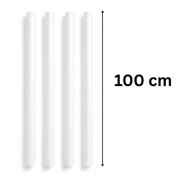 Vier runde, lange Kunststoffstäbe, je 100 cm lang
