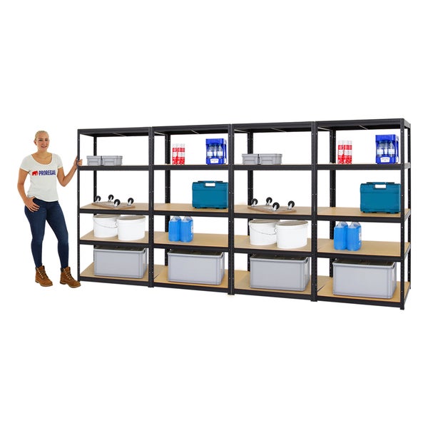 PROREGAL Mega Deal 4x Schwerlastregal Slim Elephant M HxBxT 180 x 90 x 60 cm 5 Ebenen Fachlast 350 kg Schwarz