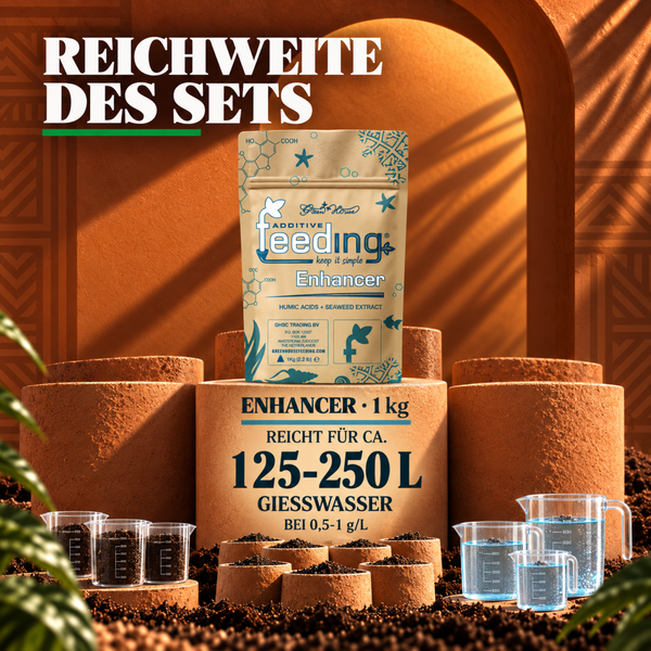 Green House Feeding Enhancer Düngemittelzusatz 1 Kilogramm Packung für bis zu 250 Liter Gießwasser mit Huminsäuren und Algenextrakt.