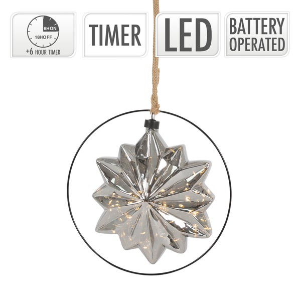 ECD Germany LED-Weihnachtsstern Ø18cm, 40 LEDs, 80cm Seil, Deko Leuchtstern zum Hängen, Warmweiß, Grau, Glasstern mit Beleuchtung & Metallring, batteriebetrieb, Timer, Innen, Deko Stern Weihnachtsdeko