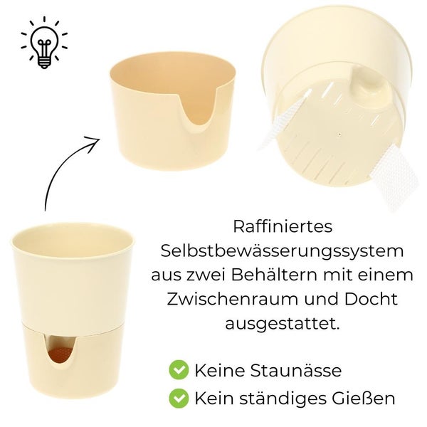 Kräutertopf mit Bewässerungssystem Kräutergarten Küche Balkon Fensterbank Selbstbewässernd Glänzend Kräuterbeet Kräuter Blumen Topf hell + dunkel elfenbein