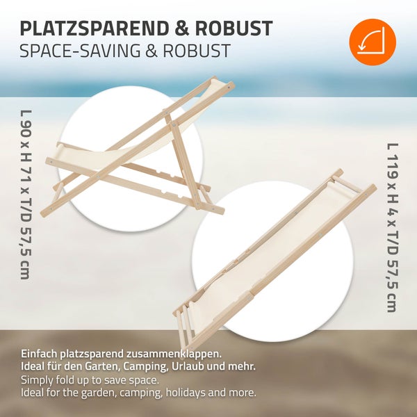 Klappbarer Holz-Liegestuhl, aufgestellt (90x71x57,5 Zentimeter) und zusammengeklappt (119x4x57,5 Zentimeter). Ideal für Garten und Camping.