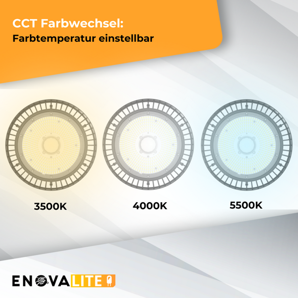 ENOVALITE LED HighBay UFO Hallenstrahler Leistung einstellbar 100 150 200W 3500-5500K 14000-28000lm IP65 LIFUD