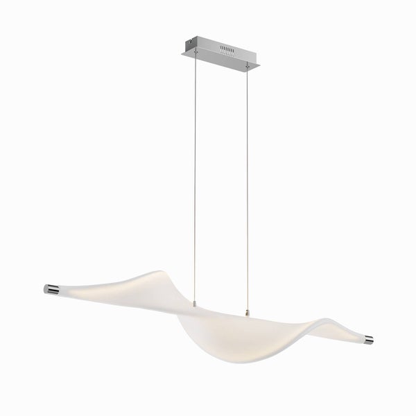 Moderne LED-Pendelleuchte mit wellenförmigem weißem Schirm und silberner Aufhängung.