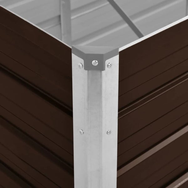 Detail einer Ecke eines Hochbeets aus Metall mit braun gewellten Seitenwänden und einem silbernen Eckpfosten mit Schutzkappe.