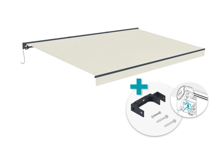 Kassettenmarkise in Creme mit dunkelgrauem Rahmen, inklusive Wandhalterung und Montagematerial.