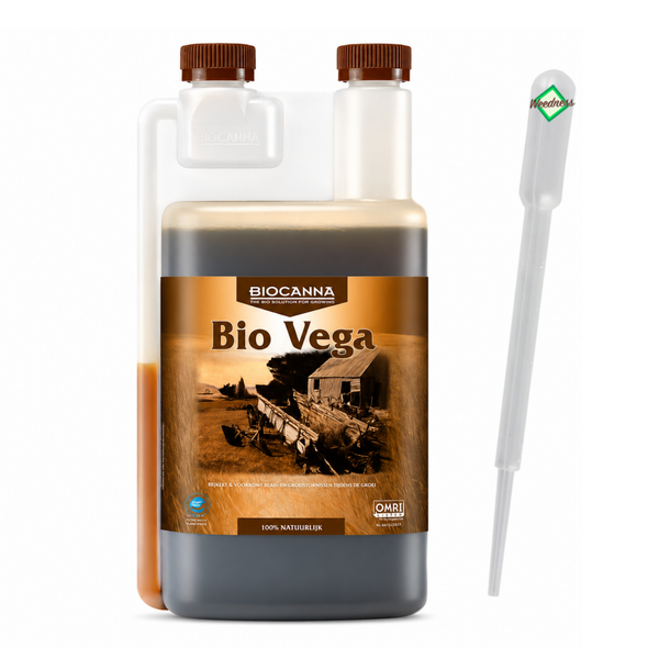 Biocanna Bio Vega Pflanzendünger in Dosierflasche mit Pipette für biologisches Pflanzenwachstum.