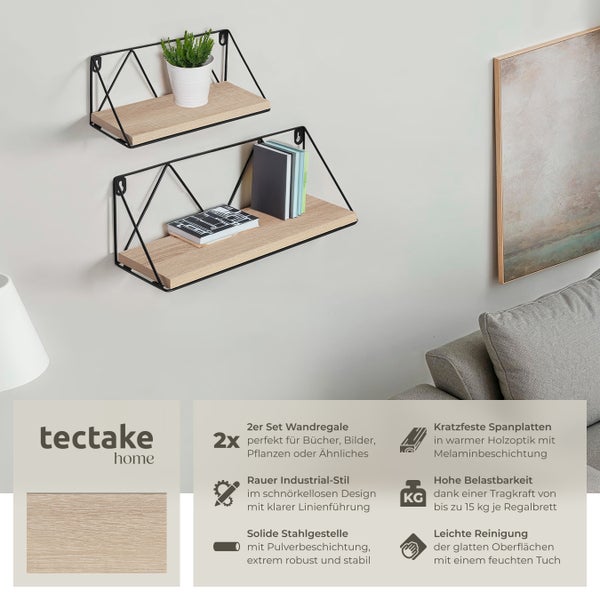 2er Set Wandregal tectake Rockport Tiefe 13 cm Industrial Style Industrial Holz hell, Eiche Sonoma
