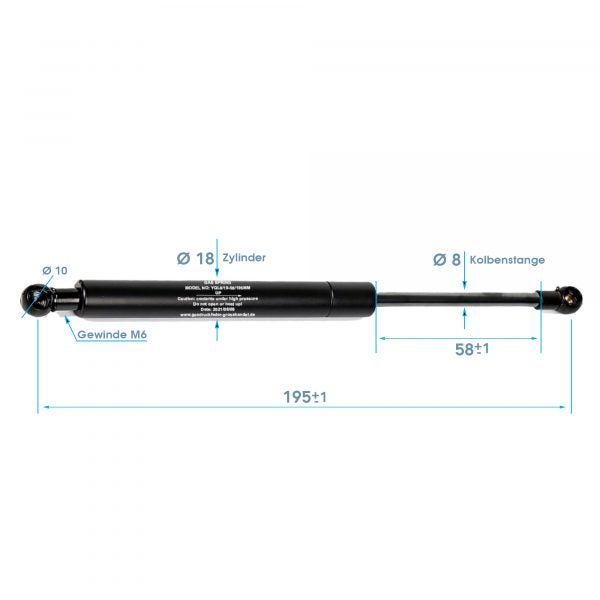 Gasdruckfeder mit 18 Millimeter Zylinder, 8 Millimeter Kolbenstange, M6 Gewinde, 195 Millimeter Gesamtlänge und 58 Millimeter Hub.