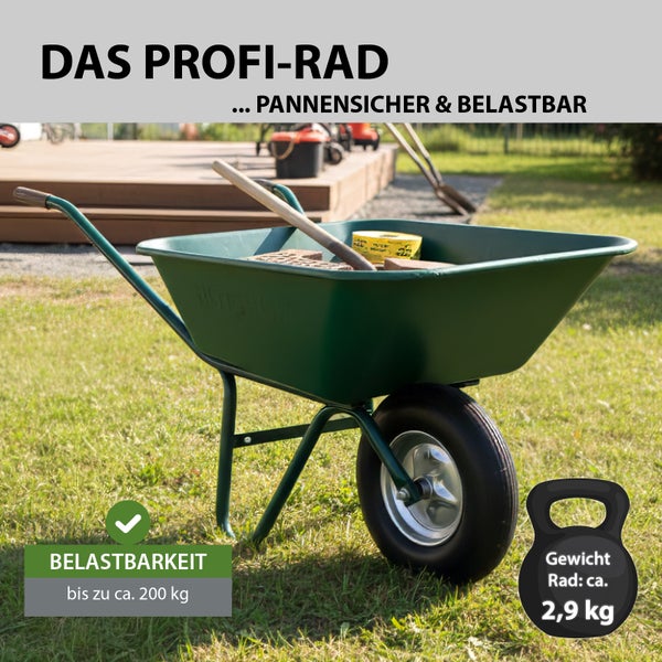 Pannensicheres und belastbares Profirad fuer Schubkarren mit einer Tragkraft von bis zu circa 200 Kilogramm und einem Gewicht von circa 2,9 Kilogramm.
