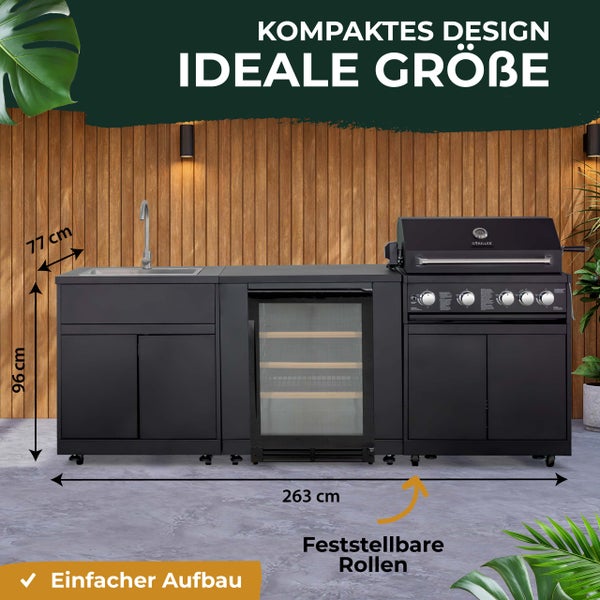 Goriller Außenküche: Gasgrill, Kühlschrank, Spüle. 263 Zentimeter breit, 96 Zentimeter hoch, 77 Zentimeter tief. Feststellbare Rollen.