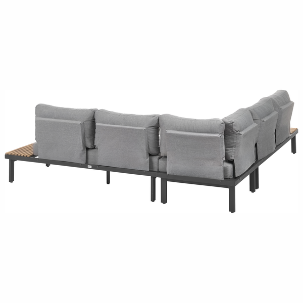 Ecksofa für den Außenbereich mit Metallrahmen und integrierten seitlichen Ablageflächen aus Holz inklusive bequemer Sitz und Rückenpolster