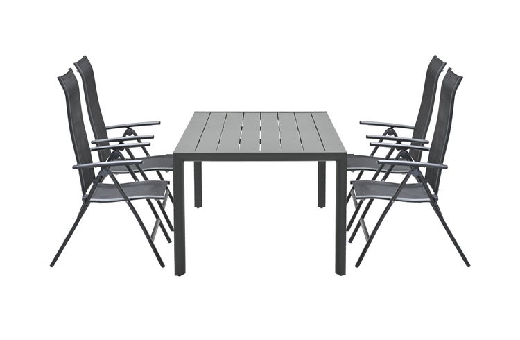 Gartenmöbel-Set bestehend aus einem rechteckigen Tisch mit Lattenoberfläche und vier klappbaren Hochlehner-Stühlen mit Armlehnen.