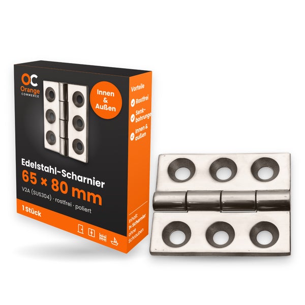 Edelstahl Scharnier 65 mal 80 Millimeter von Orange Commerce in Verkaufsverpackung