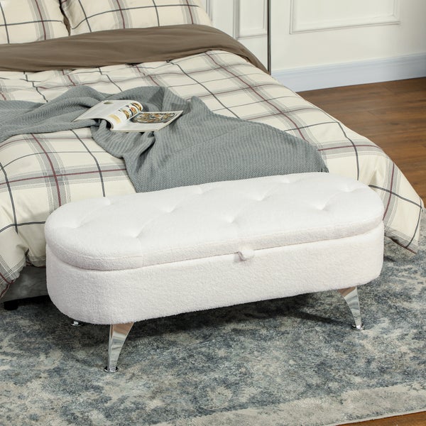 HOMCOM Sitzbank mit Stauraum Polsterbank mit Teddysamtoptik, Sitztruhe mit Metallbeine, Truhenbank für Wohnzimmer Schlafzimmer Flur 114 x 47 x 46,5 cm, Weiß