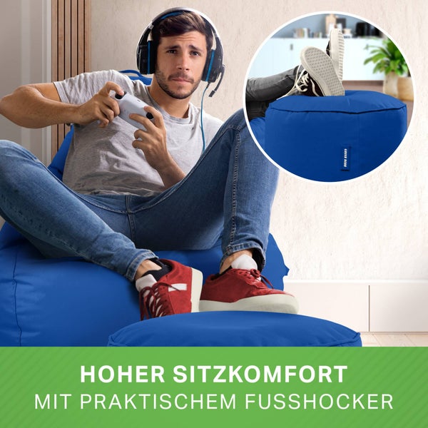 Green Bean 2er Set Sitzsack + Hocker - fertig befüllt - robust waschbar schmutzabweisend - Kinder & Erwachsene Bean Bag Bodenkissen Lounge Sitzhocker Relax-Sessel Gamer Gamingstuhl Pouf - Blau