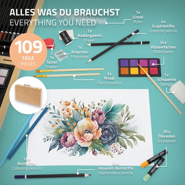 ECD Germany 109-Teiliges Malset mit Holzkoffer, Zeichen- und Malkoffer für Kinder, Malkasten, Kunst- und Zeichenset, Farbstifte, Wasserfarben, Ölpastellkreiden und viel Zubehör, Zeichnen Künstler Set
