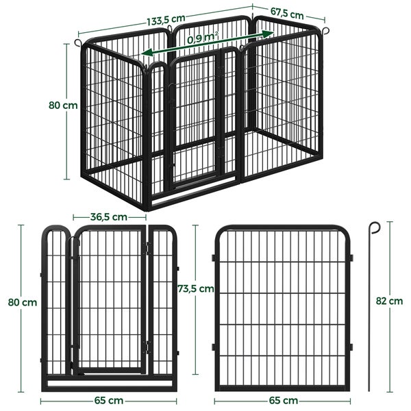 Abmessungen eines schwarzen Metall-Welpenauslaufs mit Tür