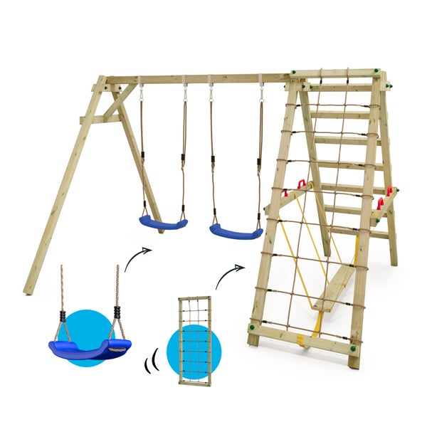 WICKEY Kinderschaukel Schaukelgestell Smart Hike , Schaukel mit Kletteranbau und Schwebebalken, Doppelschaukel, Holzschaukel - blau