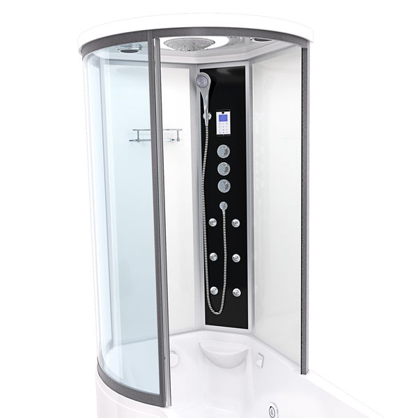 Kombinierte Badewanne und Duschkabine mit Massagedüsen, Handbrause, Regendusche, digitalem Display und Kopfstütze.