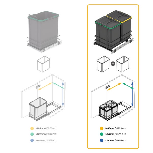 Technische Zeichnung mit Installationsmaßen für ein ausziehbares Mülltrennsystem mit einem oder zwei Eimern im Küchenunterschrank.