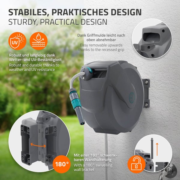 ECD Germany Schlauchaufroller 15m+1,5m, Schlauchtrommel, Wand-Schlauchbox RollUp mit Arretierstop und 9 Sprühfunktionen, 180° Schwenkbar, Automatischer Wasser Gartenschlauch-Aufroller zur Wandmontage
