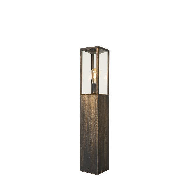 Rechteckige Außenstehleuchte aus Metall in Bronzeoptik mit Glaseinsatz und sichtbarem Leuchtmittel.
