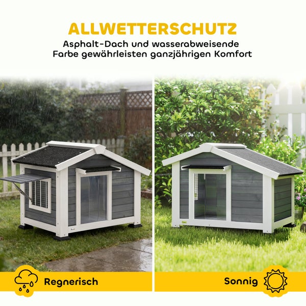 Wetterfeste grau-weiße Hundehütte aus Holz mit Asphaltdach in einem Garten bei Regen und Sonnenschein.