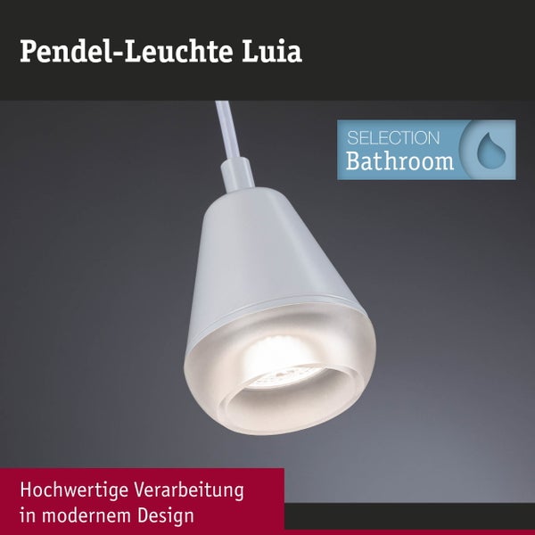 Moderne weiße Pendelleuchte Luia für das Badezimmer mit kegelförmigem Gehäuse und Lichtring.